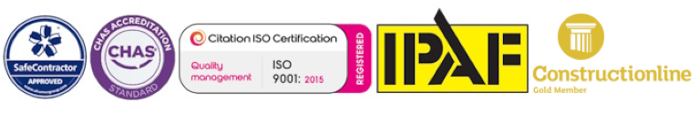 SafeContractor Approved, CHAS Standard, Citation ISO 9001:2015 certification, IPAF and Constructionline Gold Member