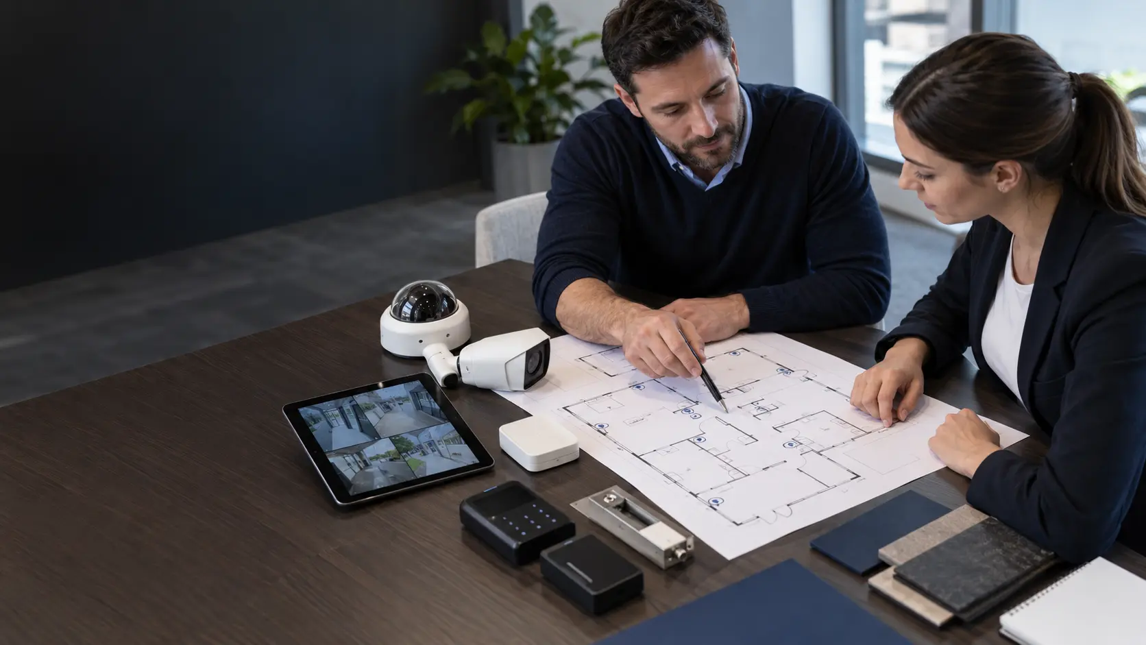 A security consultant and client reviewing CCTV and access-control plans