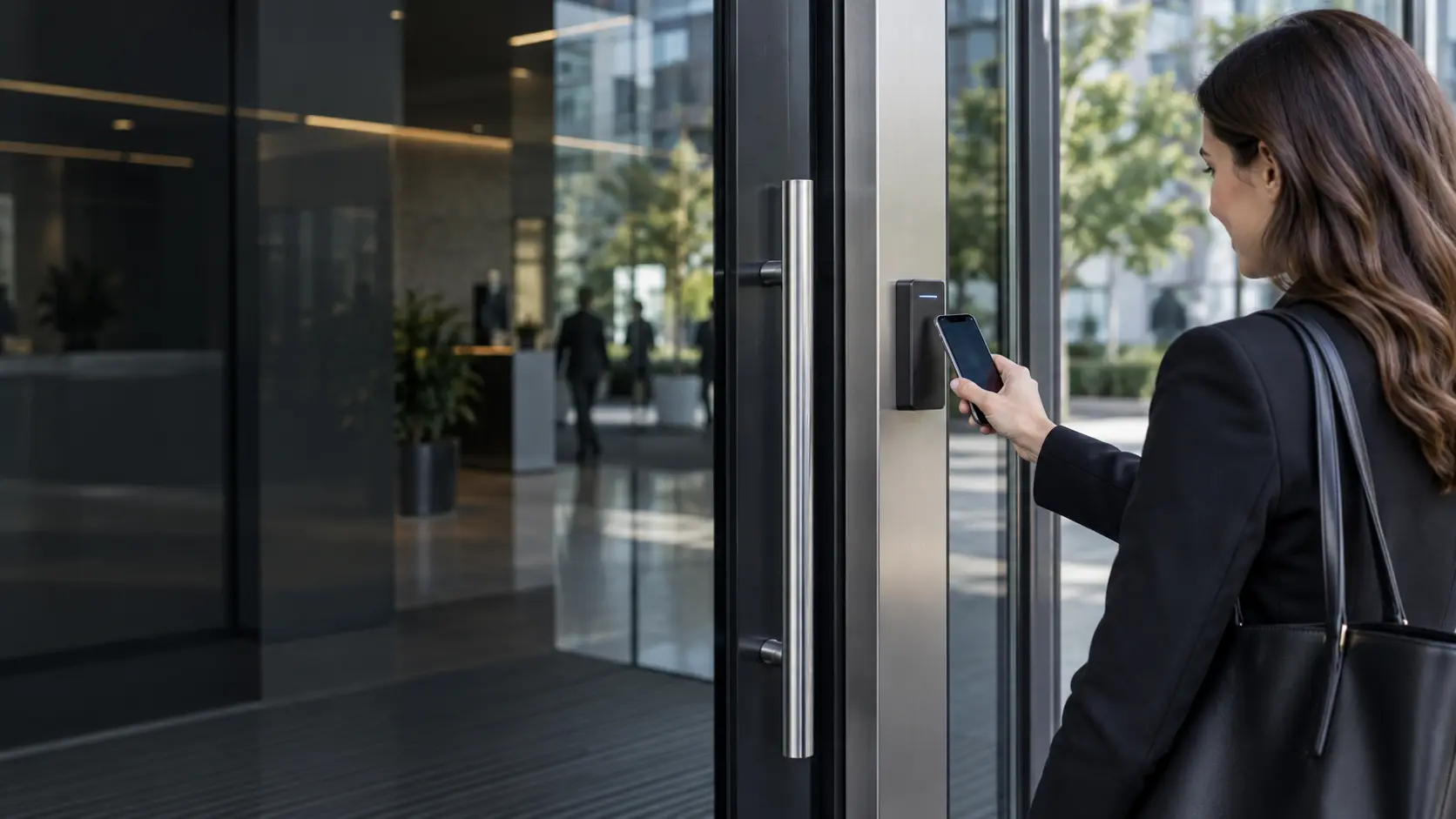 A person using a smartphone credential at a modern access control reader