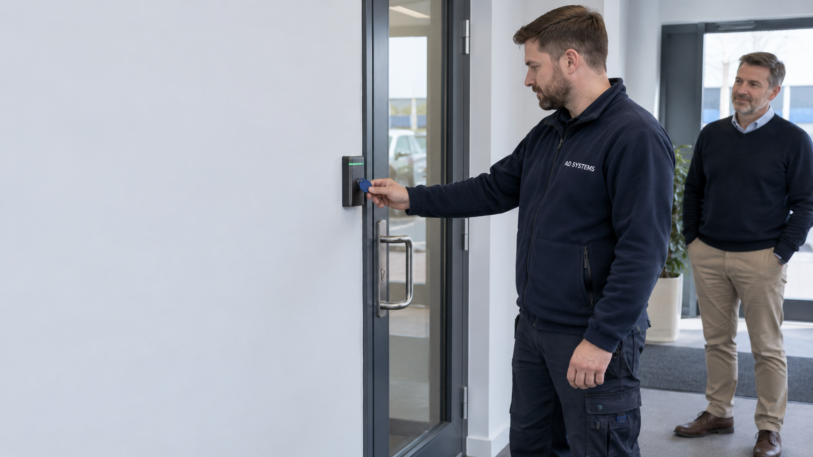 AI illustration of an engineer testing a commercial door access reader