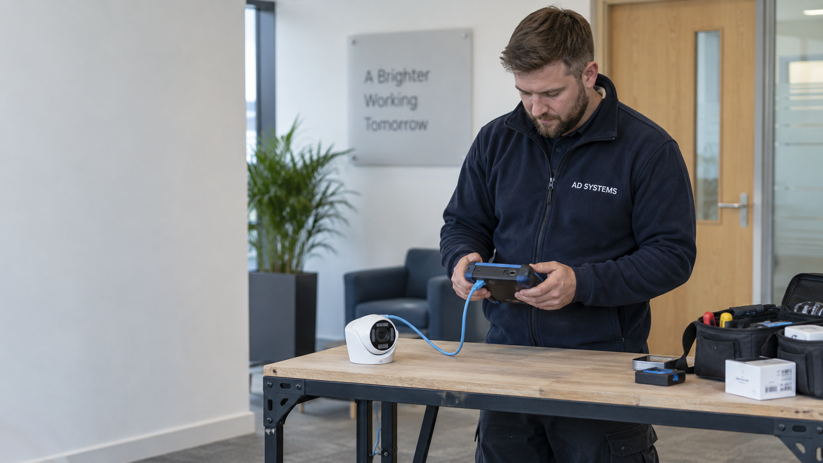 AI illustration of an engineer commissioning a CCTV camera at a workbench